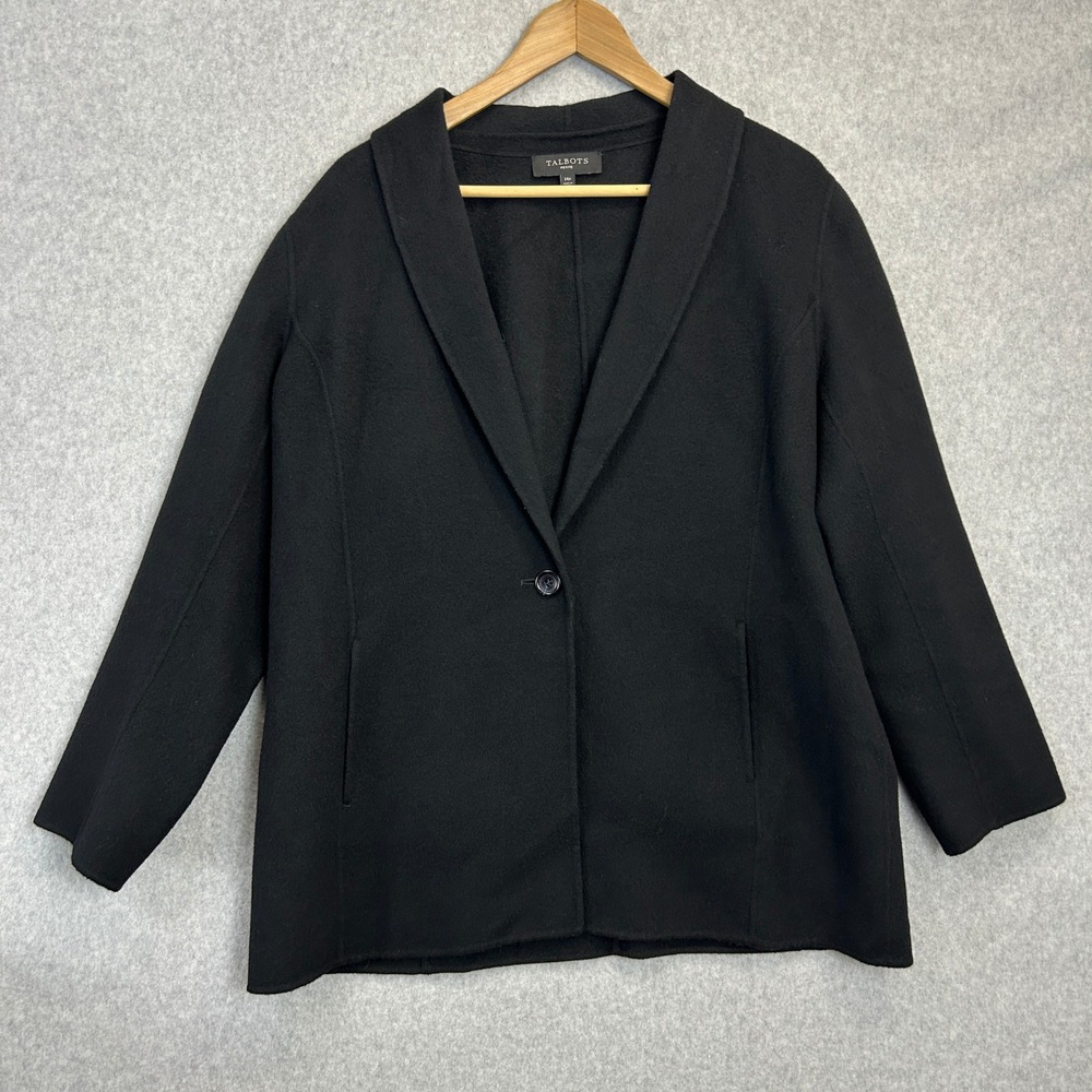 Talbots Blazer Jacket Black Wool Blend Collared Single Button Minimalist Sz 14P